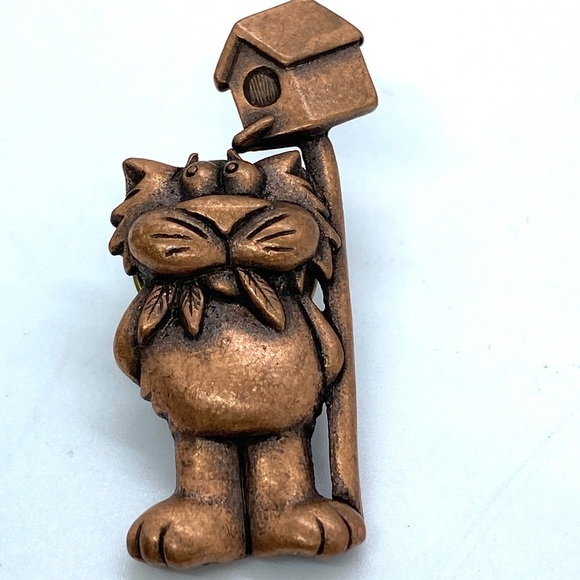 JJ Jonette Copper Cat With Birdhouse Brooch Vintage - Picture 4 of 6